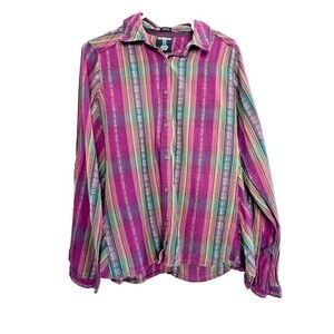 Chic print button down colored plaid casual shirt mens long sleeve outdoor Sz M.